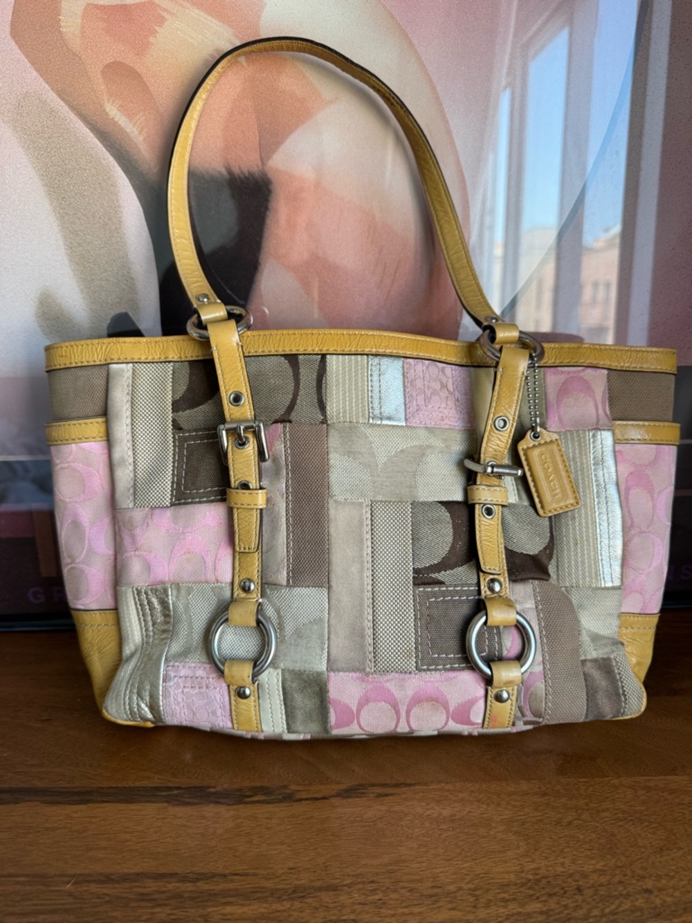 COACH F13721 Vintage Patchwork Canvas , suede, leather Tote pink, brown, tan Y2K